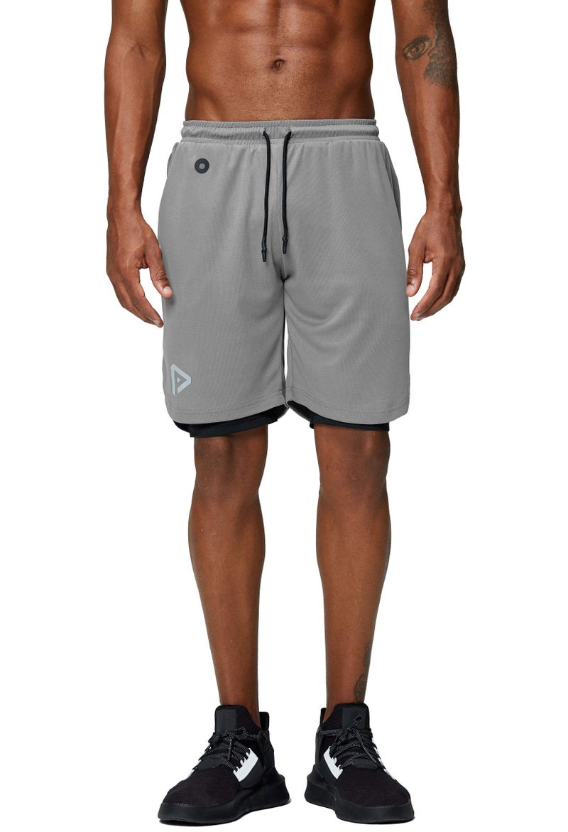 Pinkbomb Men's 2 in 1 Running Shorts Gym Workout Quick Dry Mens Shorts with Phone Pocket (Light Grey, Large - Image 3